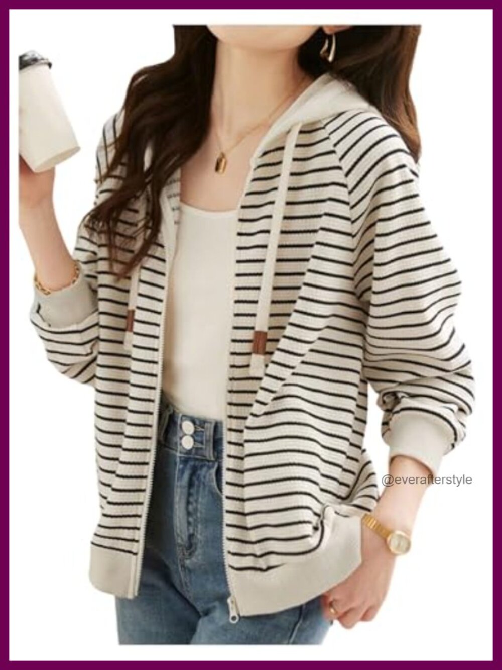 Women's Striped Zip Up Hooded Cardigan Long Sleeve Lightweight Knit Sweater
